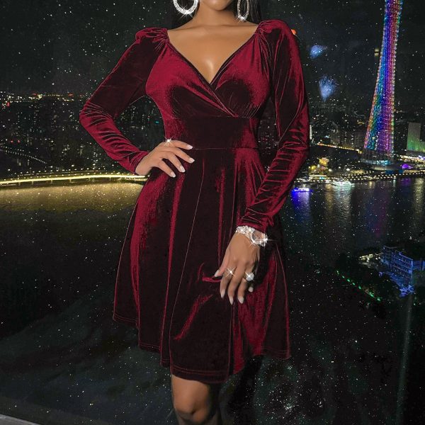 V-neck Velvet Dress Long Sleeve Dress